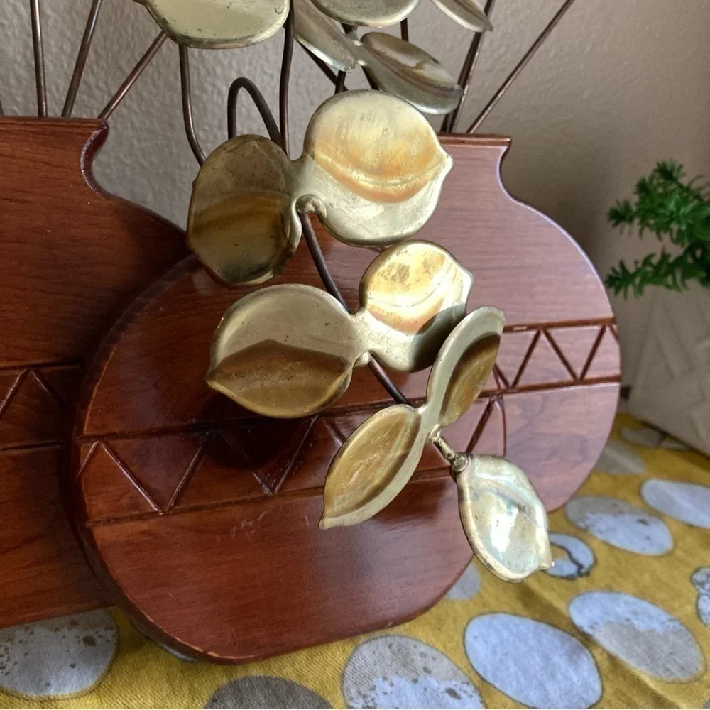 Vintage wood and brassy potted eucalyptus sculpture